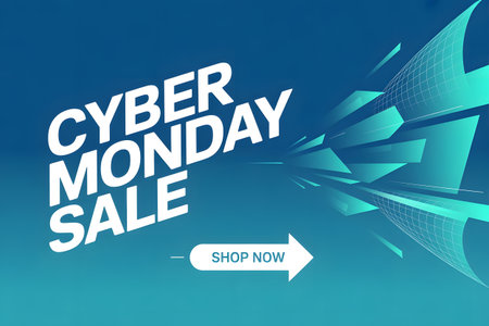 Cyber monday sale promotional banner with abstract blue background and shop now buttonの素材