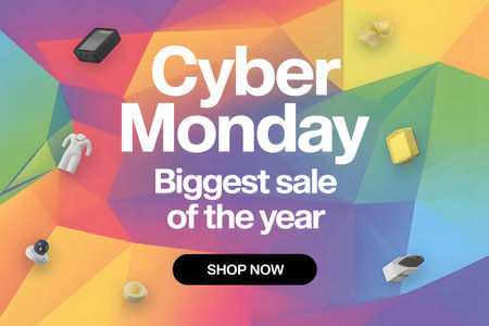 Cyber monday biggest sale of the year with colorful abstract background and product iconsの素材