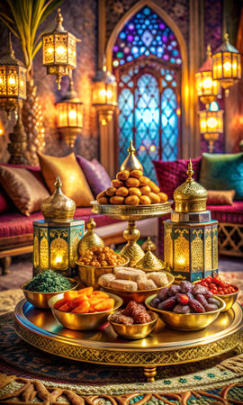 An opulent display of middle eastern sweets and dried fruits arranged on a golden tray, illuminated by ornate lanterns in a richly decorated roomの素材