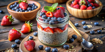 A delicious chia seed pudding parfait layered with fresh strawberries and blueberries, garnished with mint, served in a glass jar on a wooden boardの素材