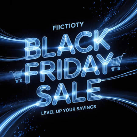 Black friday sale text with shopping cart icon and glowing blue light effect on a dark background, promoting savings and discounts for online shopping eventの素材
