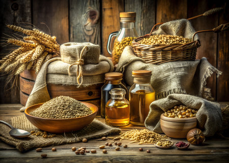 A rustic still life composition featuring various grains, seeds, and oils in glass bottles and wooden containers, set against a weathered wooden backgroundの素材