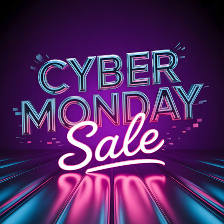 Cyber monday sale text in 3d metallic letters with glowing neon lights and abstract background, conveying a sense of excitement and urgency for online shoppingの素材