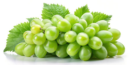 A cluster of fresh, green grapes with vibrant leaves, presented on a pure white background, emphasizing the plumpness and natural appeal of the healthy fruitの素材