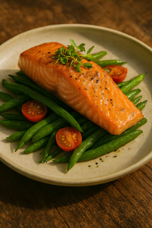 A perfectly cooked salmon fillet seasoned with herbs and spices, served atop a bed of fresh green beans and cherry tomatoes on a rustic plateの素材