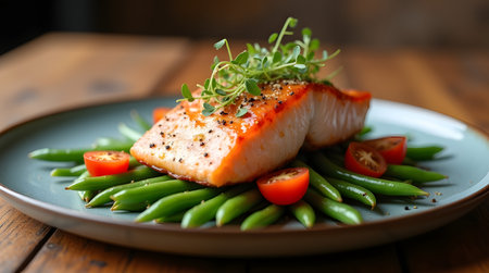 Closeup of a perfectly cooked salmon fillet with crispy skin, served atop vibrant green beans and halved cherry tomatoes on a modern plateの素材