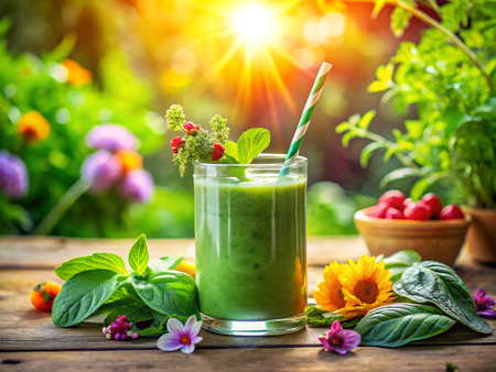 Green smoothie in a glass with fresh ingredients and flowers on a wooden table in a gardenの素材