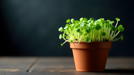 A small terracotta pot filled with vibrant green microgreens, symbolizing growth and healthy eating, set against a dark, moody backgroundの素材