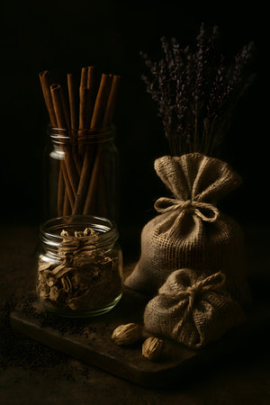 A dark, moody still life composition featuring a glass jar filled with cinnamon sticks, a small burlap sack, and dried lavender, evoking a rustic and aromatic atmosphereの素材