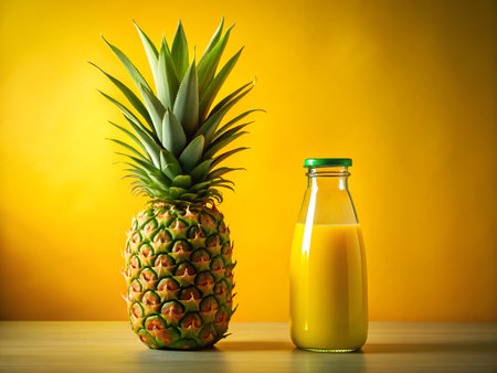 A whole pineapple and a bottle of pineapple juice are placed on a wooden surface against a bright yellow background, creating a tropical and refreshing still life compositionの素材