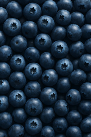 A closeup, topdown view of a dense arrangement of fresh, ripe blueberries, showcasing their deep blue color and intricate surface details, a healthy and vibrant berryの素材