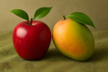 A ripe red apple and a ripe mango with green leaves sit side by side on a textured green cloth, showcasing a vibrant contrast of colors and fresh fruitの素材