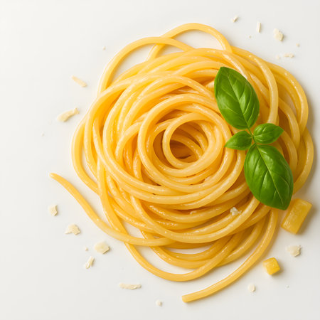 A perfectly coiled nest of spaghetti pasta, garnished with fresh green basil leaves and scattered parmesan cheese, isolated on a clean white backgroundの素材