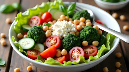 A closeup view of a refreshing chickpea salad featuring broccoli, cherry tomatoes, cucumber, and feta cheese, arranged in a white bowl on a rustic wooden surfaceの素材