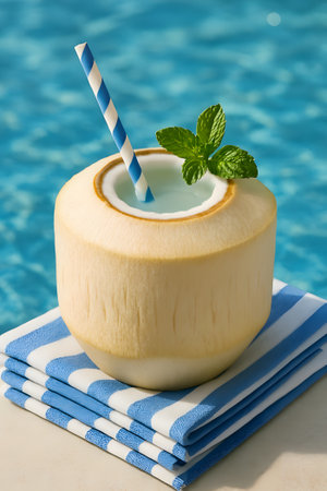 A refreshing young coconut filled with cool water, garnished with mint and a striped straw, resting on a blue and white striped towel by the poolの素材