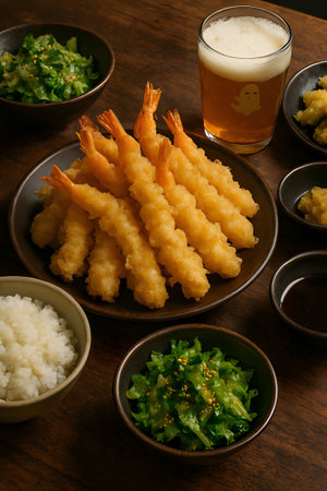 A generous serving of crispy golden tempura shrimp, accompanied by fluffy white rice, fresh green salad, and a dipping sauce, alongside a glass of beerの素材