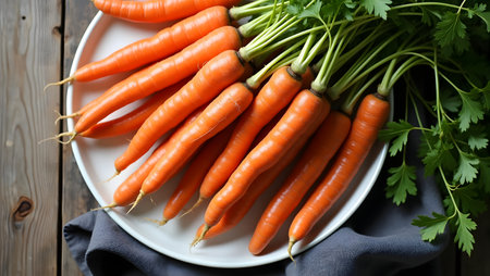 A plate of fresh, bright orange carrots with green stems, set against a rustic wooden backdrop, promoting healthy eatingの素材