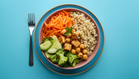 A healthy and colorful buddha bowl filled with quinoa, broccoli, chickpeas, shredded carrots, and tofu, served with a fork on a bright blue backgroundの素材