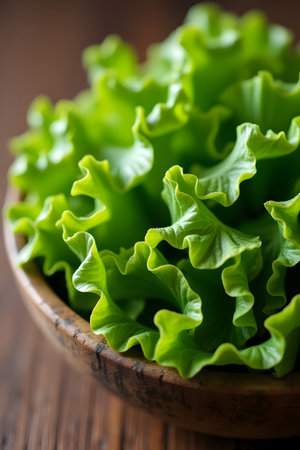 Detailed view of crisp, bright green lettuce with ruffled edges, nestled in a dark wooden bowl against a warm, blurred wooden backdropの素材