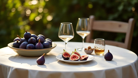 A delightful outdoor table setting with a bowl of fresh figs, sliced figs on a plate, wine glasses, and a small bowl of nuts, bathed in warm sunlightの素材