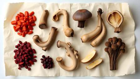 A collection of dried fruits, mushrooms, and goji berries arranged on parchment paper for a natural food displayの素材