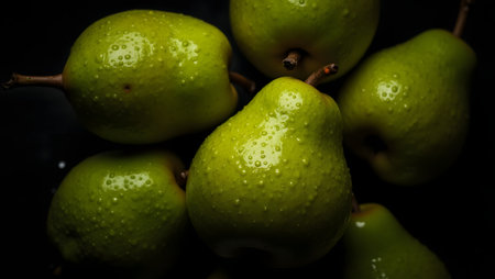 A pile of fresh, ripe green pears glistening with water droplets, artfully arranged against a dark, moody background, highlighting their natural texture and vibrant colorの素材