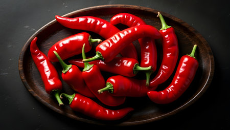 A dark, moody closeup shot of vibrant red chili peppers artfully arranged in a rustic wooden bowl, showcasing their textured skin and fresh green stems against a dark backgroundの素材