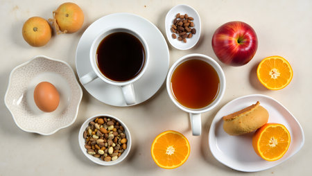 A healthy breakfast spread with coffee, tea, fruits, nuts, and an egg, arranged on a lightcolored surfaceの素材