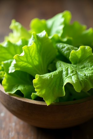Fresh green lettuce leaves in a wooden bowl on a rustic wooden table, closeup shot, healthy food conceptの素材