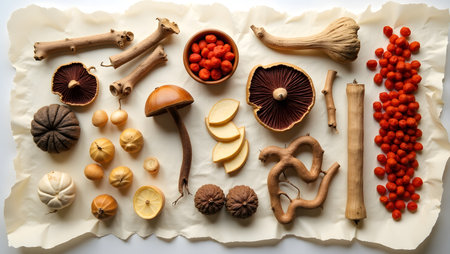 An assortment of dried mushrooms, gourds, and berries artfully arranged on parchment paper, highlighting natural food ingredients for healthy eatingの素材