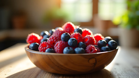 A closeup shot of a wooden bowl overflowing with a vibrant mix of fresh blueberries and raspberries, showcasing their juicy texture and natural beautyの素材