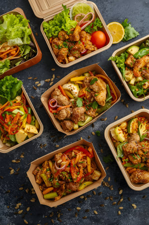 A topdown view of a variety of healthy takeaway meals in ecofriendly containers, featuring chicken, shrimp, and fresh vegetables, perfect for convenient diningの素材