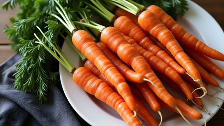 A pile of fresh, vibrant orange carrots with green tops on a white plate, rustic wooden background, healthy eatingの素材