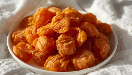 A closeup shot of a white bowl filled with dried apricots, showcasing their wrinkled texture and vibrant orange color against a textured white clothの素材