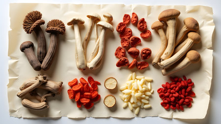 A variety of dried mushrooms and berries arranged on parchment paper, showcasing their natural textures and colors for culinary and medicinal useの素材