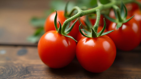 A closeup shot of ripe cherry tomatoes still on the vine, resting on a rustic wooden surface, showcasing their vibrant red color and fresh appearanceの素材