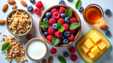 A healthy breakfast bowl filled with fresh raspberries, blueberries, granola, yogurt, honey, and diced mango, arranged with almonds on a white backgroundの素材