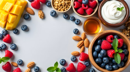 A vibrant arrangement of healthy breakfast ingredients including berries, mango, nuts, granola, yogurt, and honey, artfully scattered on a light surfaceの素材