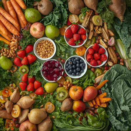 A rich, abundant display of fresh fruits and vegetables, including carrots, kale, strawberries, blueberries, apples, and potatoes, creating a natural, wholesome compositionの素材