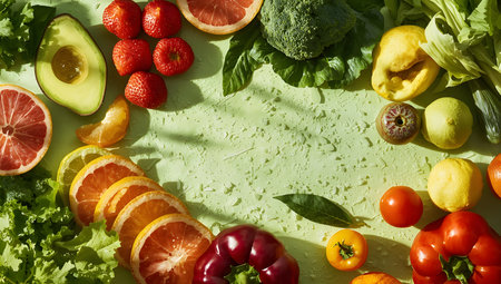 A vibrant flat lay of fresh fruits and vegetables including avocado, strawberries, grapefruit, broccoli, bell peppers, tomatoes, and lettuce on a textured green surfaceの素材