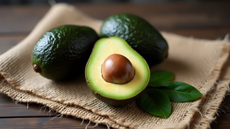 Fresh avocados, one cut in half revealing the pit and creamy green flesh, arranged on a rustic burlap cloth with a dark wooden backgroundの素材
