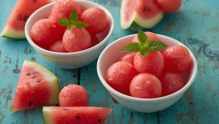 Refreshing watermelon balls scooped into two white bowls, garnished with mint leaves, surrounded by sliced watermelon and presented on a vibrant blue wooden surfaceの素材