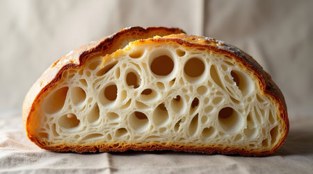 Closeup of a rustic sourdough bread loaf sliced in half, revealing its airy, open crumb structure with large irregular holes and a goldenbrown crustの素材