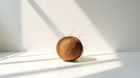 A whole coconut with husk, isolated on white background, with dramatic shadows cast across the surface, highlighting its texture and formの素材
