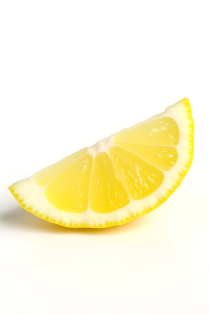 A single slice of fresh, juicy lemon with its vibrant yellow peel and segmented interior, isolated on a clean white backgroundの素材
