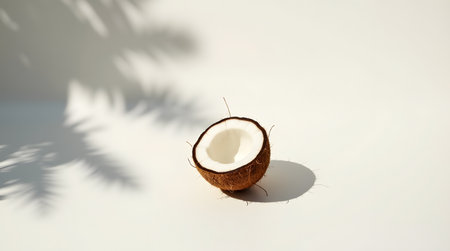A single half coconut isolated on a white background, casting a distinct shadow with palm leaf patterns, suggesting tropical freshnessの素材