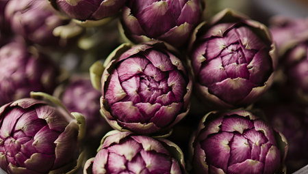 A cluster of vibrant purple artichokes with layered petals, showcasing their unique texture and natural beauty, ready for culinary preparationの素材