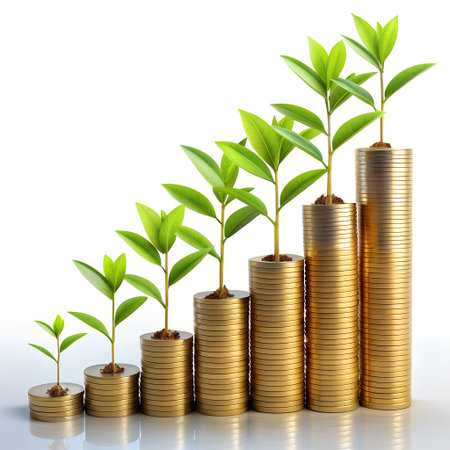 A visual representation of financial growth, showing plants sprouting from stacks of coins arranged in an ascending graph, isolated on white backgroundの素材