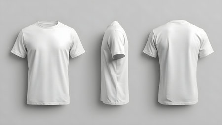 Three views of a plain white tshirt front, side, and back, isolated on white backgroundの素材