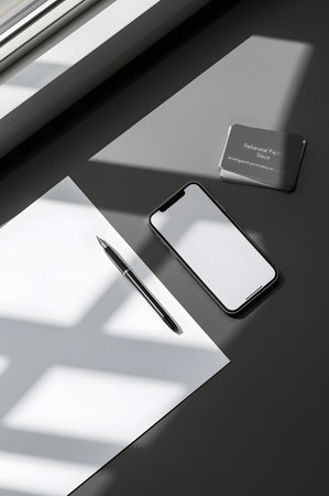 A modern still life composition featuring a smartphone with a blank screen, a pen, and a business card on a grey surface, with dramatic shadows cast by natural light from a windowの素材